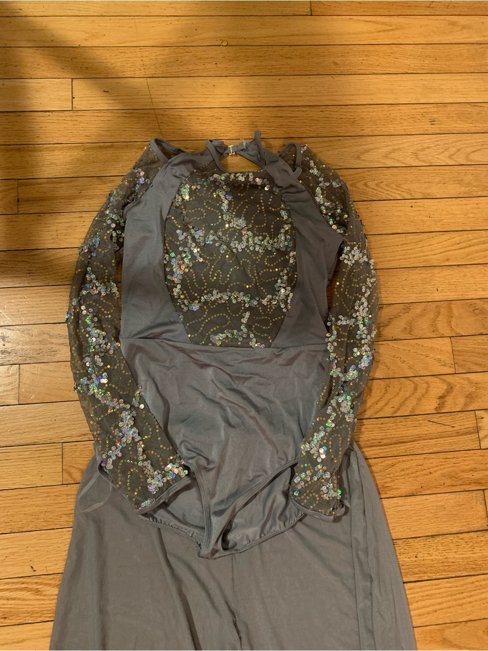 Gray Sequin Mesh Long Sleeve leotard sheer dance pants